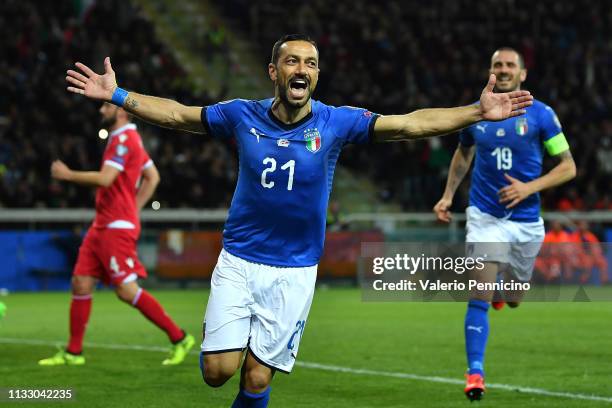 Fabio Quagliarella of Italy celebrates his goal of 3-0 during the 2020 UEFA European Championships group J qualifying match between Italy and...