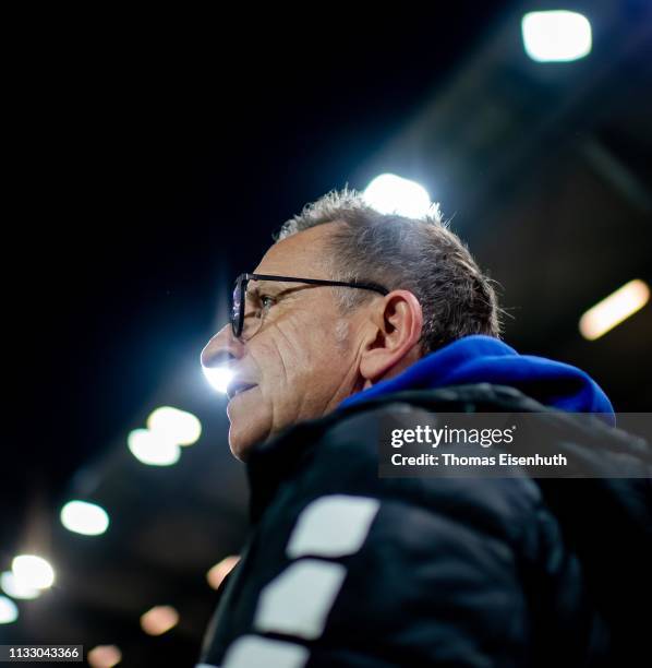 Headcoach Norbert Meier of Uerdingen reacts prior the 3. Liga match between Hallescher FC and KFC Uerdingen 05 at Erdgas-Sportpark on March 01, 2019...