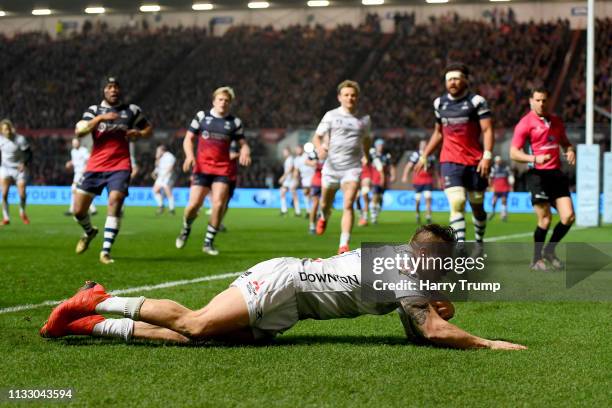 Jason Woodward of Gloucester Rugby scores his teams first try during the Gallagher Premiership Rugby match between Bristol Bears and Gloucester Rugby...