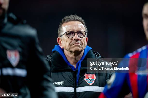 Headcoach Norbert Meier of Uerdingen reacts after the 3. Liga match between Hallescher FC and KFC Uerdingen 05 at Erdgas-Sportpark on March 01, 2019...