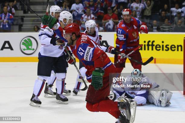 Alexander Radulov of Russia celebrates after he scores his team's 5th goal during the IIHF World Championship group A match between Russia and...