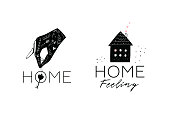 House and hand holding key logotype design.