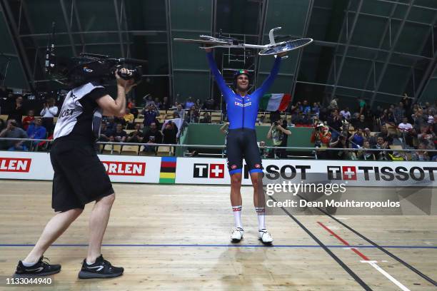 Filippo Ganna of Italy celebrates winng the gold medal in the Men's individual pursuit final on day three of the UCI Track Cycling World...