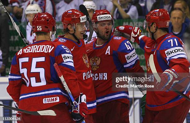 Alexander Radulov of Russia celebrates after he scores his team's 4th goal during the IIHF World Championship group A match between Russia and...