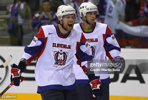Ziga Pance of Slovenia screams during the IIHF World Championship group A match between Russia and Slovenia at Orange Arena on May 1, 2011 in...