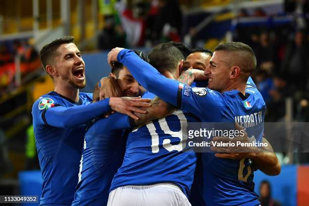 Fabio Quagliarella of Italy celebrates his goal of 4-0 with teammates during the 2020 UEFA European Championships group J qualifying match between...