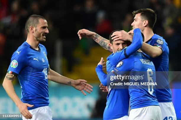 Italy's defender Leonardo Bonucci, Italy's midfielder Stefano Sensi, Italy's midfielder Marco Verratti and Italy's defender Alessio Romagnoli...