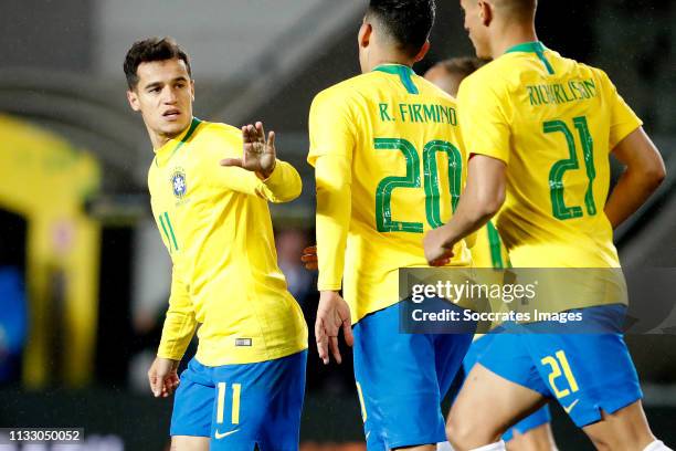 Philippe Coutinho of Brazil, Roberto Firmino of Brazil, Richarlison of Brazil celebrate goal during the International Friendly match between Czech...