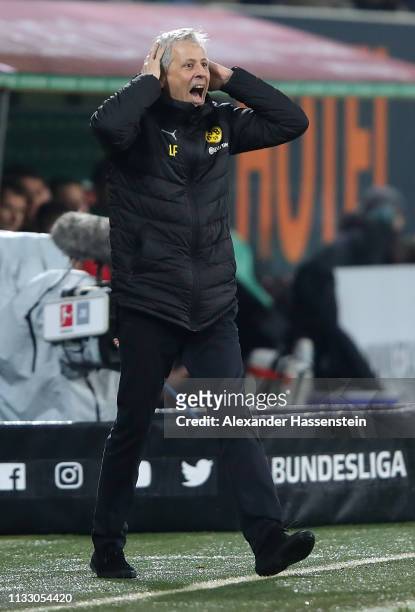 Lucien Favre, head coach of Dortmund reacts during the Bundesliga match between FC Augsburg and Borussia Dortmund at WWK-Arena on March 01, 2019 in...