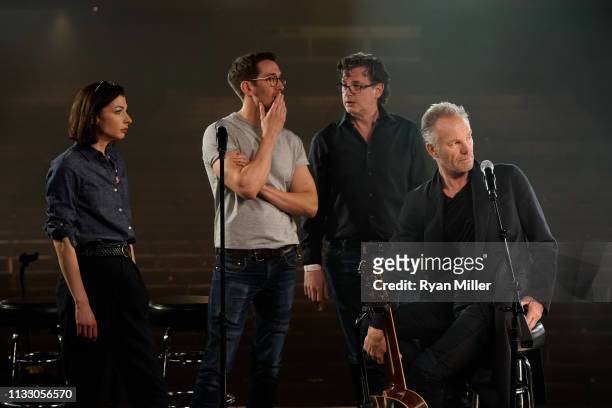 Actors Frances McNamee, Oliver Savile, musician Richard John and Sting perform at a sneak peek event for The Last Ship at Center Theatre...