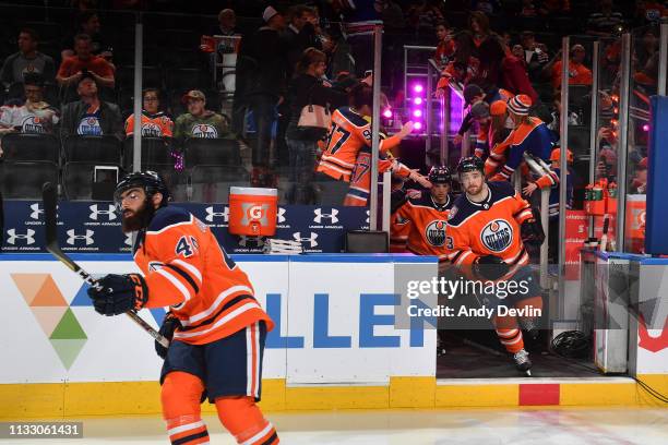 Joseph Gambardella and Josh Currie and of the Edmonton Oilers take to the ice prior to the game against the Los Angeles Kings on March 26, 2019 at...