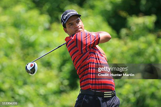 Fabian Gomez of Argentina hits his tee shot on the second hole during the final round of the Zurich Classic at the TPC Louisiana on May 1, 2011 in...