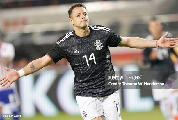 Javier Hernandez of the Mexico National team celebrates after he scored against Paraguay during the first half of their soccer game at Levi's Stadium...