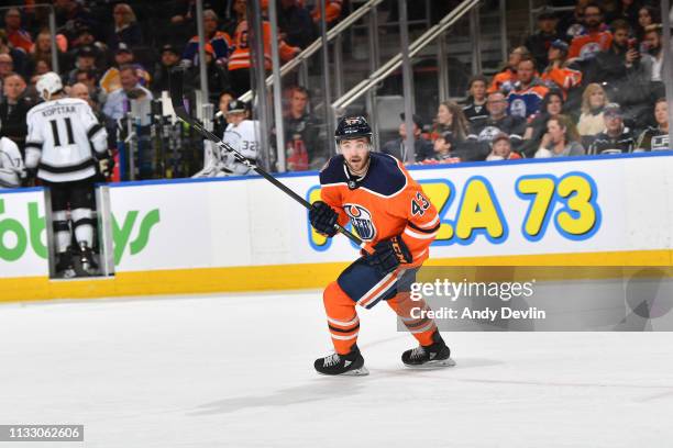 Edmonton Oilers right wing Josh Currie during the game against the Los Angeles Kings on March 26, 2019 at Rogers Place in Edmonton, Alberta, Canada.