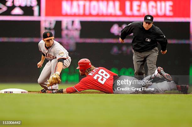 Freddy Sanchez of the San Francisco Giants tags out Jayson Werth of the Washington Nationals at second base in the first inning at Nationals Park on...