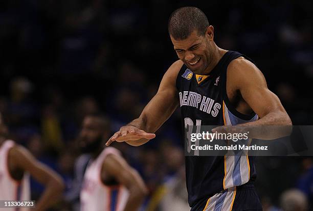 Forward Shane Battier of the Memphis Grizzlies reacts during a 114-101 win against the Oklahoma City Thunder in Game One of the Western Conference...