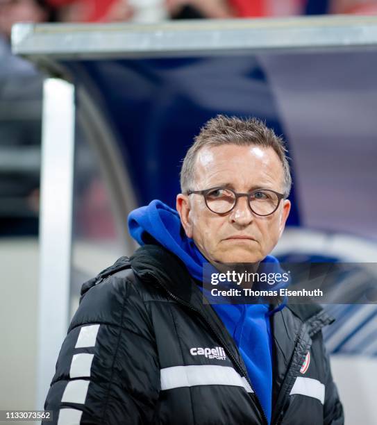 Headcoach Norbert Meier of Uerdingen reacts prior the 3. Liga match between Hallescher FC and KFC Uerdingen 05 at Erdgas-Sportpark on March 01, 2019...