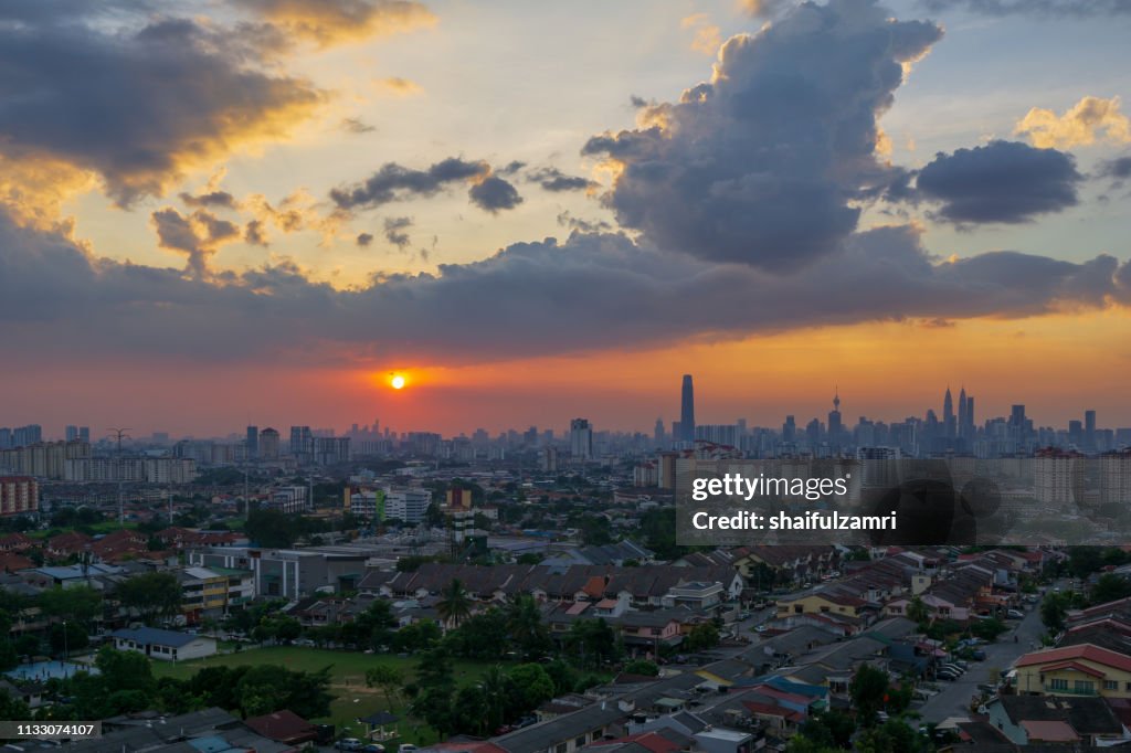 Silhouette shot of downtown Kuala Lumpur skyline at twilight in Malaysia