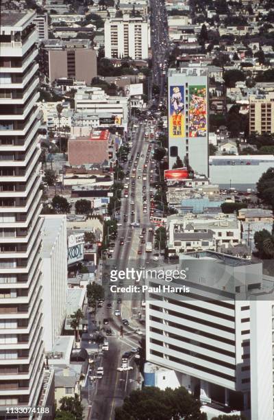View from a helicopter of The Sunset Strip on Sunset Boulevard November 11, 1993 West Hollywood, Los Angeles, California