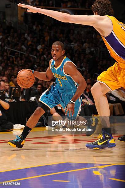 New Orleans Hornets point guard Chris Paul drives to the basket during the game against the Los Angeles Lakers in Game Five of the Western Conference...