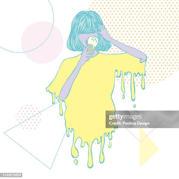 a girl eating ice cream with sprinkles vector illustration - sweating hot stock illustrations