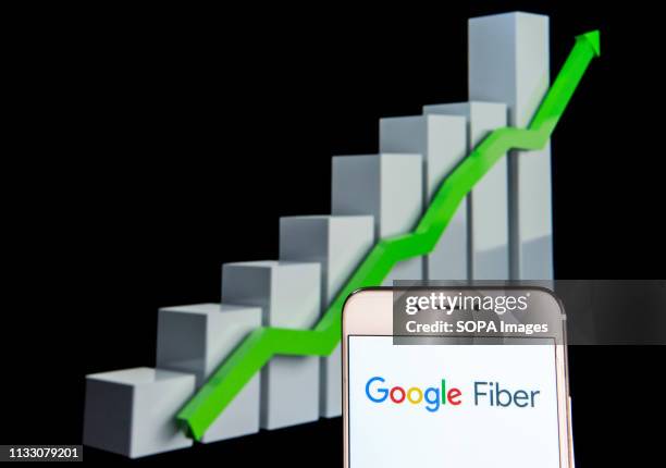 In this photo illustration a fast Internet service provider by Google, Google Fiber, logo is seen on an android mobile device with an ascent growth...