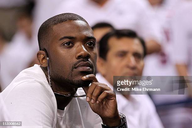 Artist Ray J watches Game One of the Eastern Conference Semifinals of the 2011 NBA Playoffs between the Miami Heat and the Boston Celtics at American...