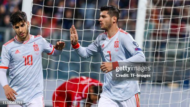 Alvaro Morata of Spain celebrates with team mate during the 2020 UEFA European Championships group F qualifying match between Malta and Spain at...