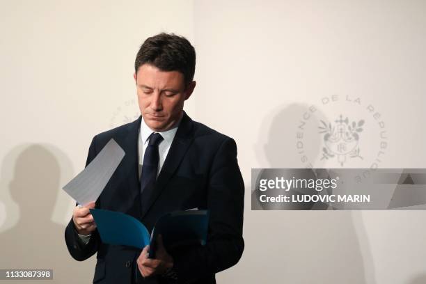 French Junior Minister and Government's spokesperson Benjamin Griveaux attends a press conference following the weekly cabinet meeting at the Elysee...