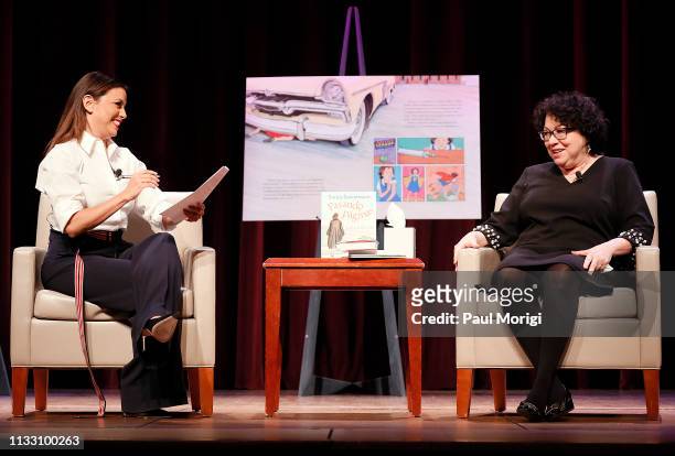 Actress Eva Longoria and Supreme Court Justice Sonia Sotomayor on stage to promote Sotomayor's new book "Turning Pages: My Life Story" during an...