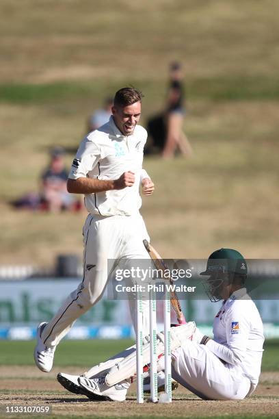 Tim Southee of New Zealand celebrates his wicket of Tamim Iqbal of Bangladesh during day three of the First Test match in the series between New...