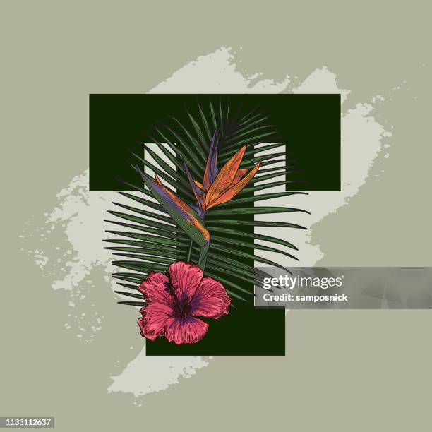 bright tropical flower plant drop cap - letter t stock illustrations