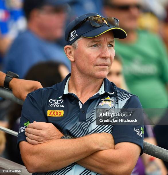 Cowboys coach Paul Green looks on before the start of the NRL Trial match between the Melbourne Storm and the North Queensland Cowboys on March 02,...