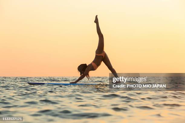 a young woman is doing sup yoga on the paddle board at the ocean. - paddleboarding ストックフォトと画像