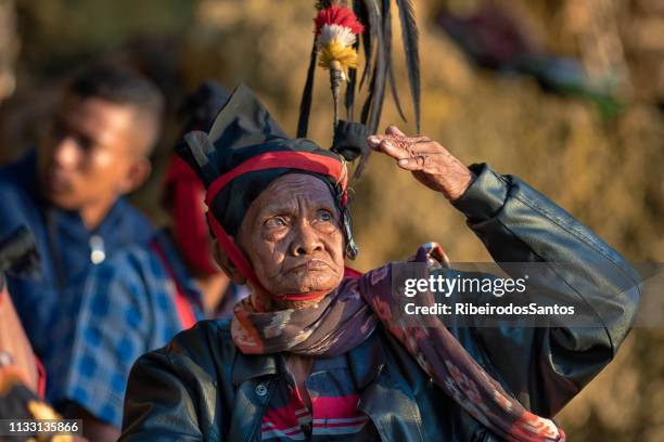 ratu, met traditionele hoed, kijkend naar de hemel - animism stockfoto's en -beelden