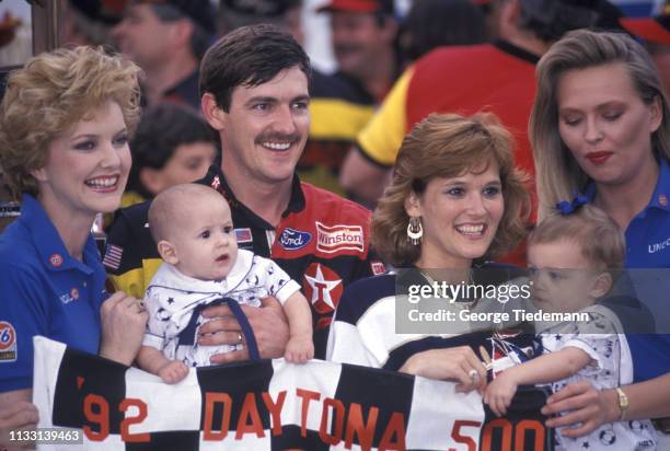 Daytona 500: Davey Allison victorious with his wife, Liz, and their two children Robert and Krista after winning race at Daytona International...