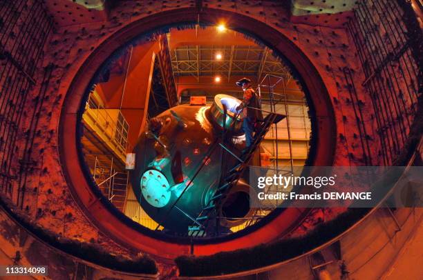 Areva: Building Nuclear Reactors - On May 2Nd, 2006 - In Saint Marcel, France - Here, Workers Look Very Small Next To The Gigantic Parts Produced By...