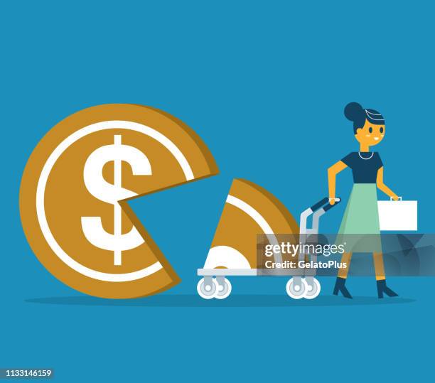 businesswoman takes away part of coin shaped pie on cart - shareholder stock illustrations