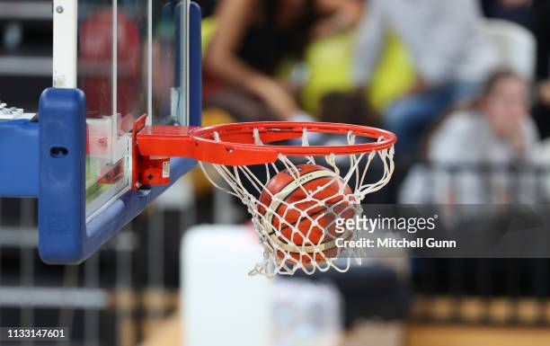 General view of the ball in the net during the British Basketball League match between London Lions and Surrey Scorchers at The Copper Box Arena on...