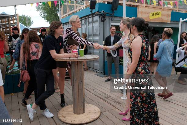 The New Normal" Episode 301 -- Pictured: Peter Vack as Patrick Duchand, Betty Who as Herself, Meghann Fahy as Sutton Brady, Katie Stevens as Jane...