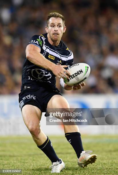 Michael Morgan of the Cowboys passes the ball during the NRL Trial match between the Melbourne Storm and the North Queensland Cowboys on March 02,...