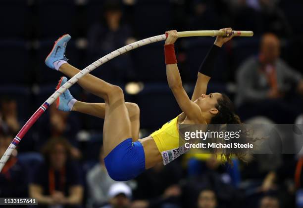Angelica Bengtsson of Sweden competes during the Womens Pole Vault during the 2019 European Athletics Indoor Championships - Day Two at the Emirates...