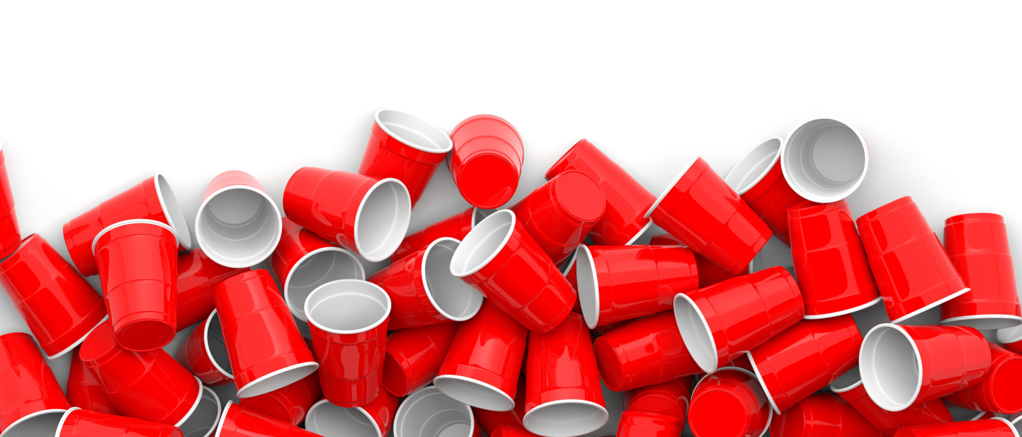 Plastic red color disposable cups pile on white background, banner. 3d illustration Plastic red color disposable cups pile on white background, banner. 3d illustration