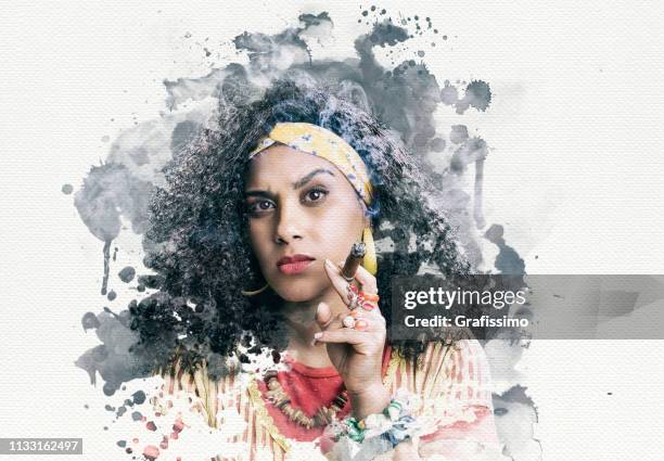 mooie cubaanse vrouw roken sigaar aquarelverf - black watercolor stockfoto's en -beelden
