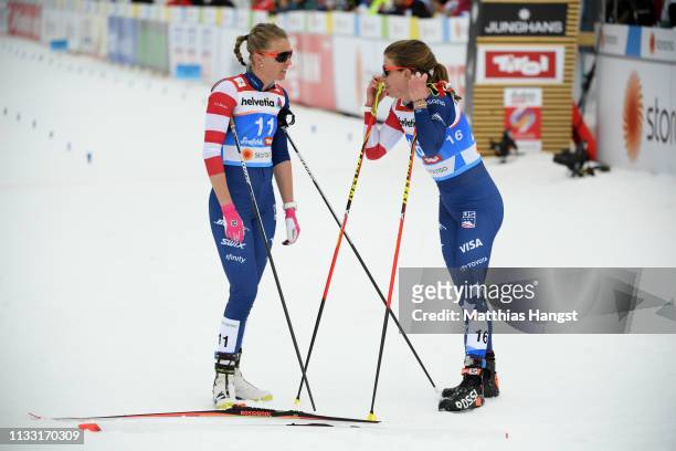 Sadie Bjornsen of the United States and Rosie Brennan of the United States reacts following the Women's Cross Country 30k race during the FIS Nordic...