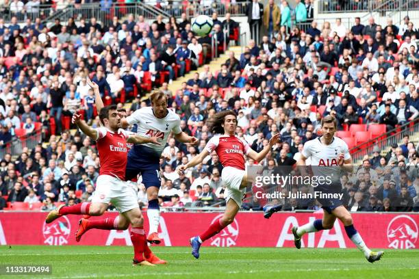 Harry Kane of Tottenham Hotspur scores a goal but it is later ruled offside during the Premier League match between Tottenham Hotspur and Arsenal FC...