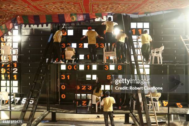 General view of the scoreboard attendants during game one of the One Day International series between India and Australia at Rajiv Gandhi...