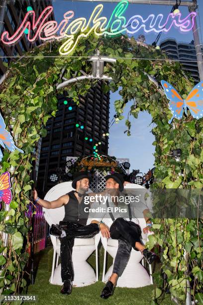 Neighbours cast dance away on their own Ramsay street float during the 2019 Sydney Gay & Lesbian Mardi Gras Parade on March 02, 2019 in Sydney,...