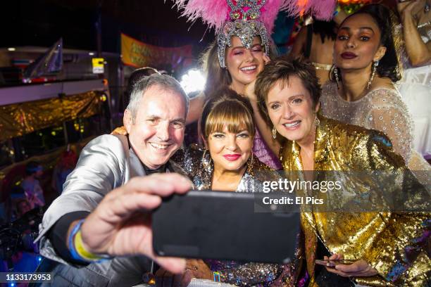 Neighbours cast dance away on their own Ramsay street float during the 2019 Sydney Gay & Lesbian Mardi Gras Parade on March 02, 2019 in Sydney,...