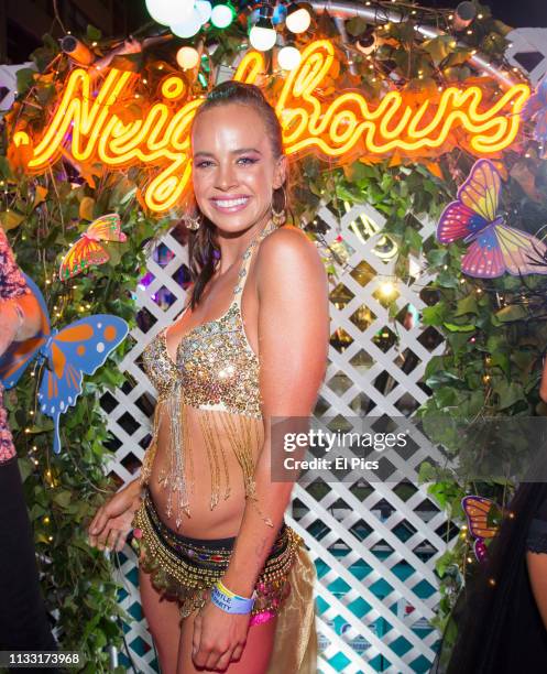 Neighbours cast dance away on their own Ramsay street float during the 2019 Sydney Gay & Lesbian Mardi Gras Parade on March 02, 2019 in Sydney,...